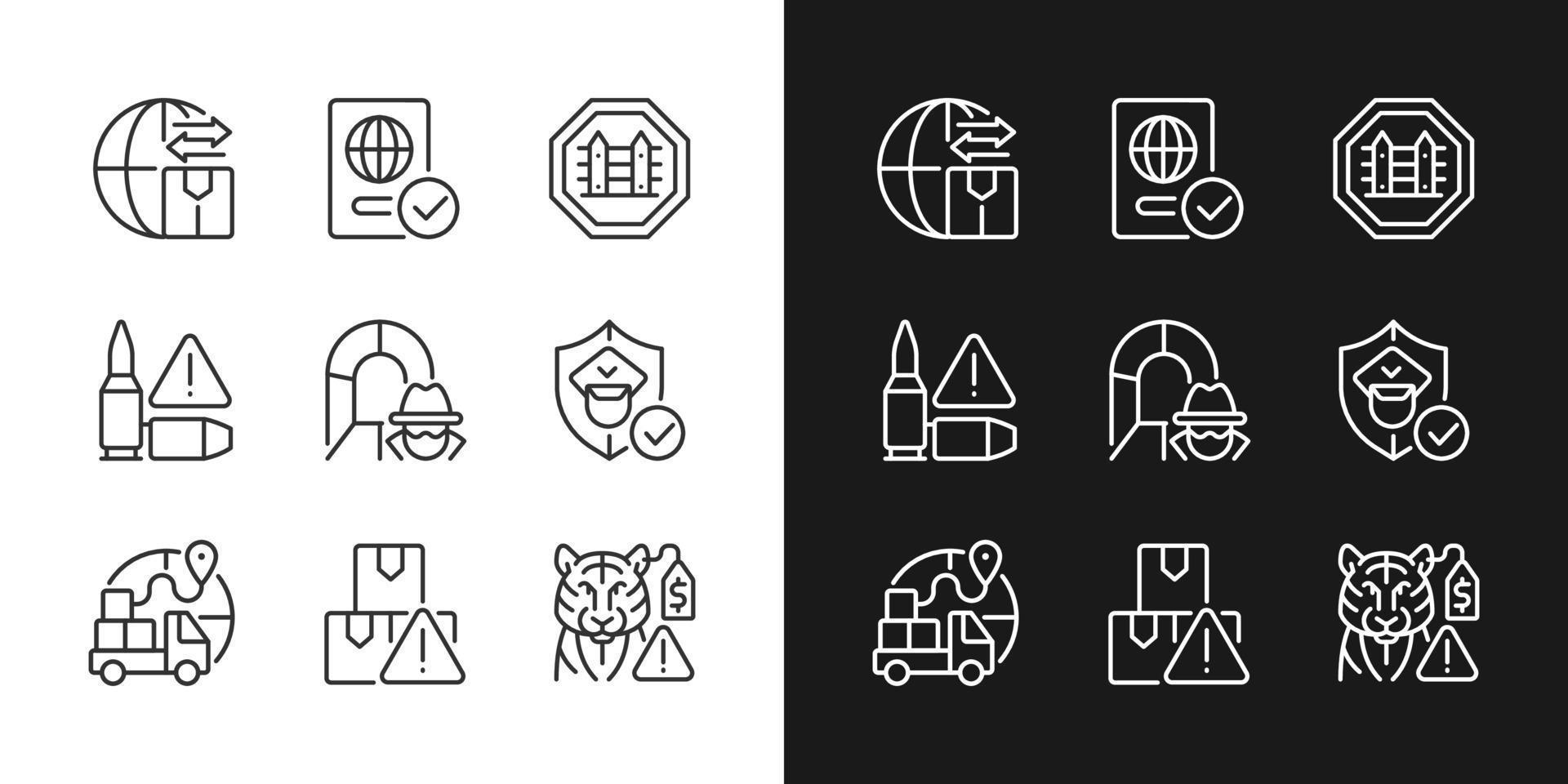 International trading linear icons set for dark and light mode. Customs officer. Smuggling tunnel. Customizable thin line symbols. Isolated vector outline illustrations. Editable stroke. Pixel perfect