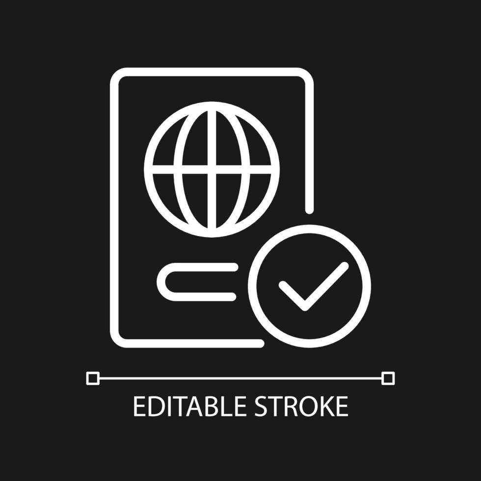 Passport control white linear icon for dark theme. Thin line customizable illustration. Isolated vector contour symbol for night mode. Editable stroke. Pixel perfect. Arial font used