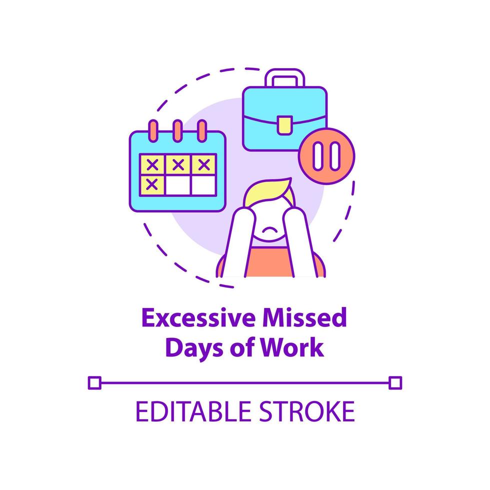 Excessive missed days of work concept icon. Stressed employee. Mental health abstract idea thin line illustration. Isolated outline drawing. Editable stroke. Roboto-Medium, Myriad Pro-Bold fonts used vector