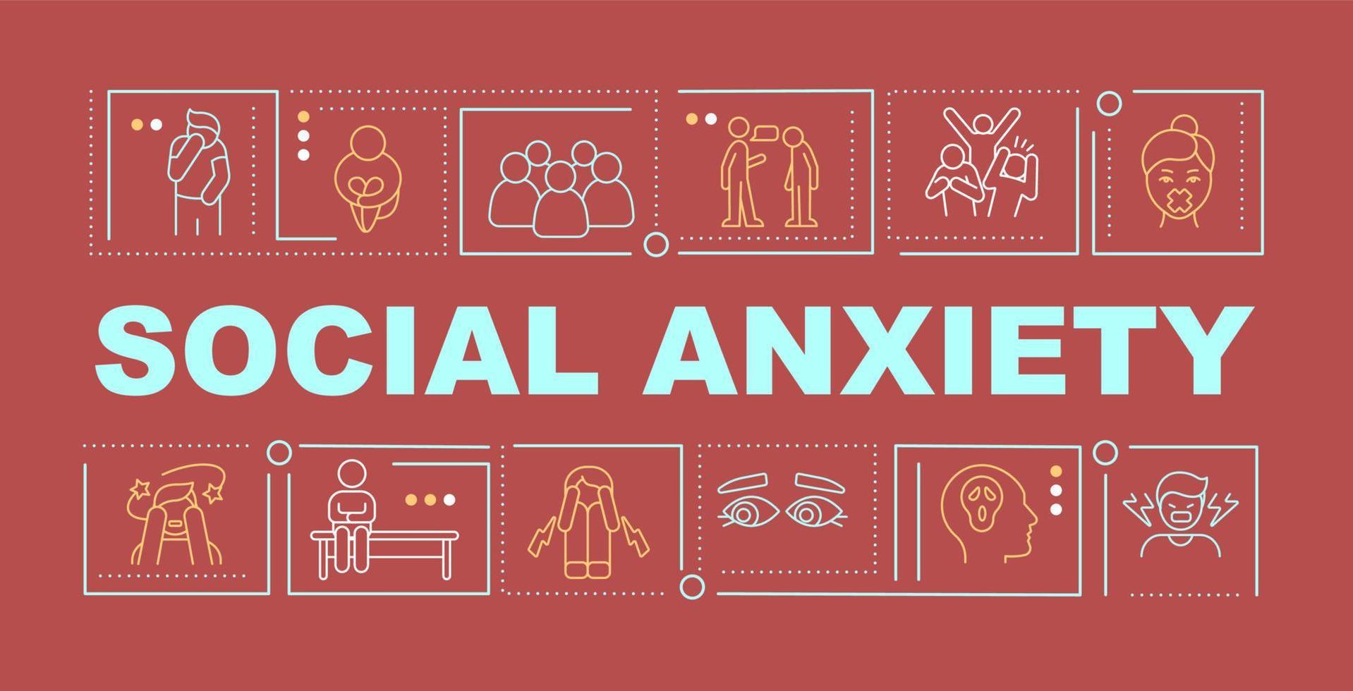 Social anxiety word concepts red banner. Mental illness. Infographics with linear icons on background. Isolated typography. Vector outline color illustration with text. Arial-Black font used