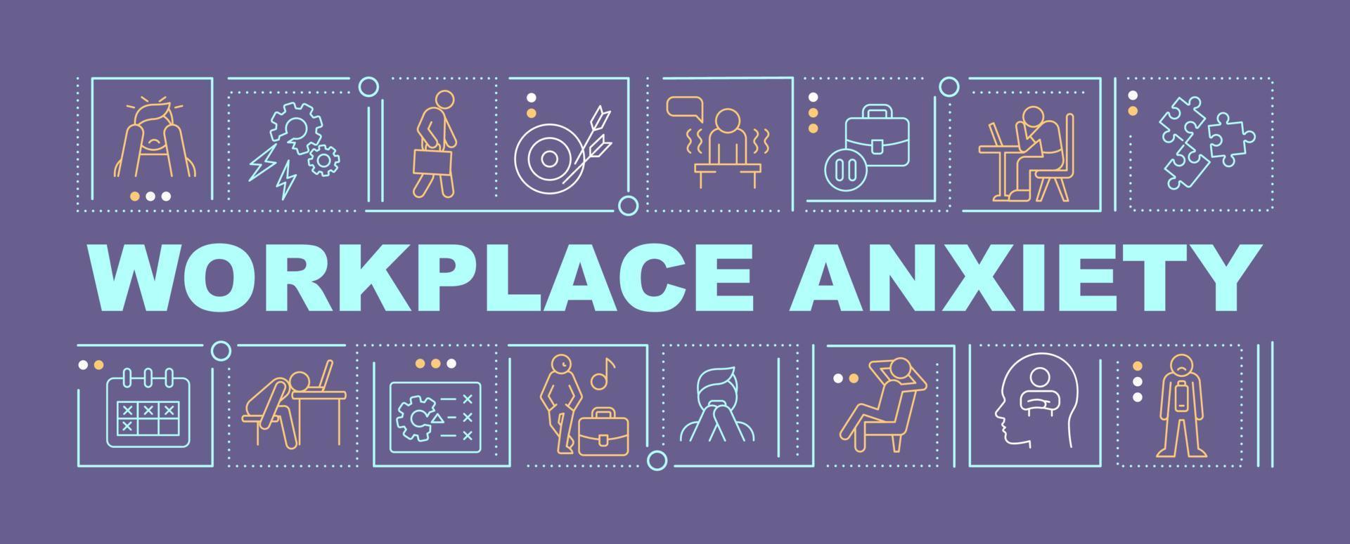 Anxiety at work word concepts purple banner. Stress triggers. Infographics with linear icons on background. Isolated typography. Vector outline color illustration with text. Arial-Black font used