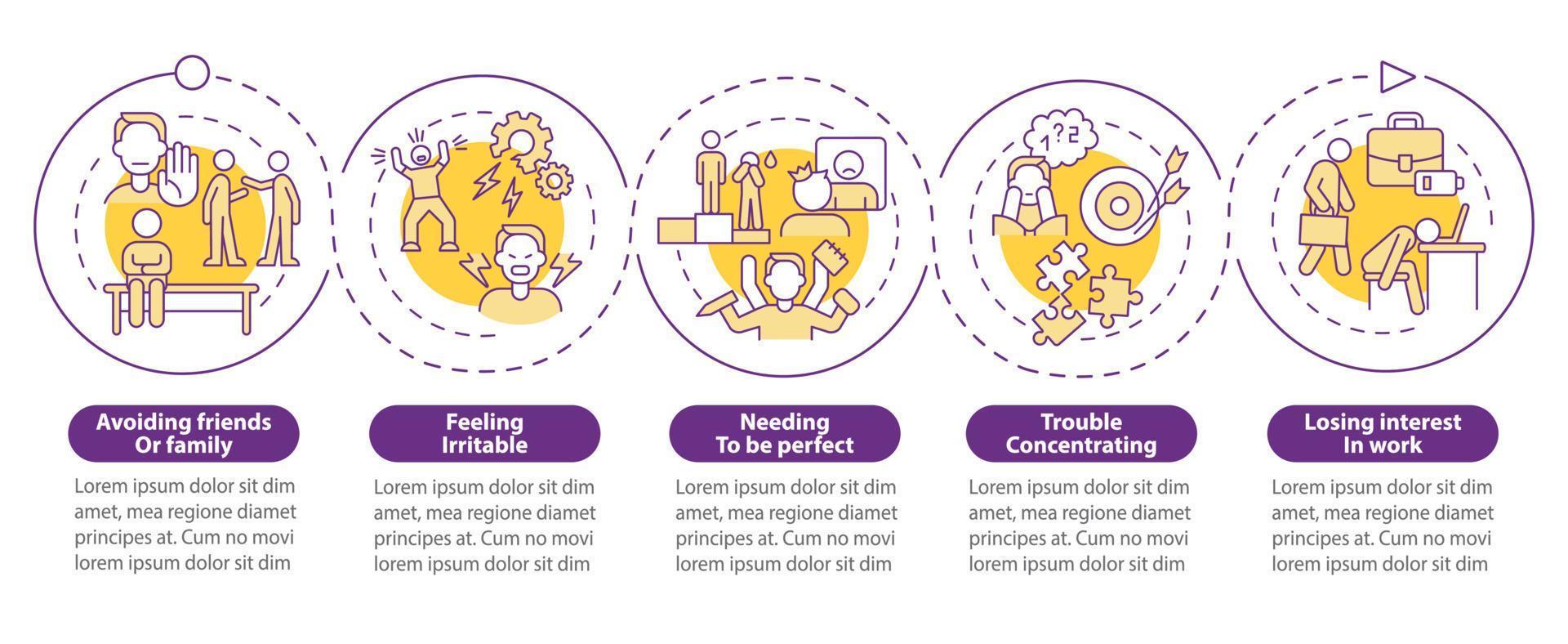 Anxiety at workplace purple circle infographic template. Work life. Data visualization with 5 steps. Process timeline info chart. Workflow layout with line icons. Myriad Pro-Bold, Regular fonts used vector