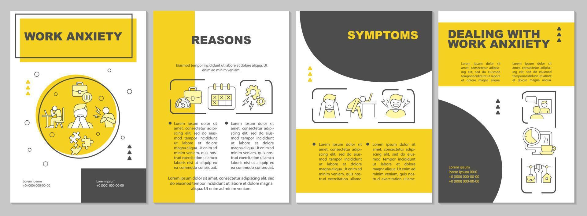 Work anxiety yellow brochure template. Emotional disorder issues. Booklet print design with linear icons. Vector layouts for presentation, annual reports, ads. Arial, Myriad Pro-Regular fonts used