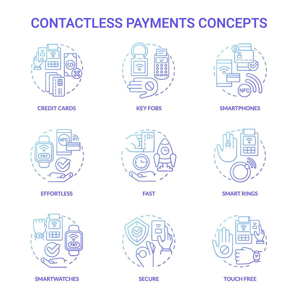 Contactless payments blue gradient concept icons set. Smart service. Touchless system idea thin line color illustrations. Isolated outline drawings. Roboto-Medium, Myriad Pro-Bold fonts used vector