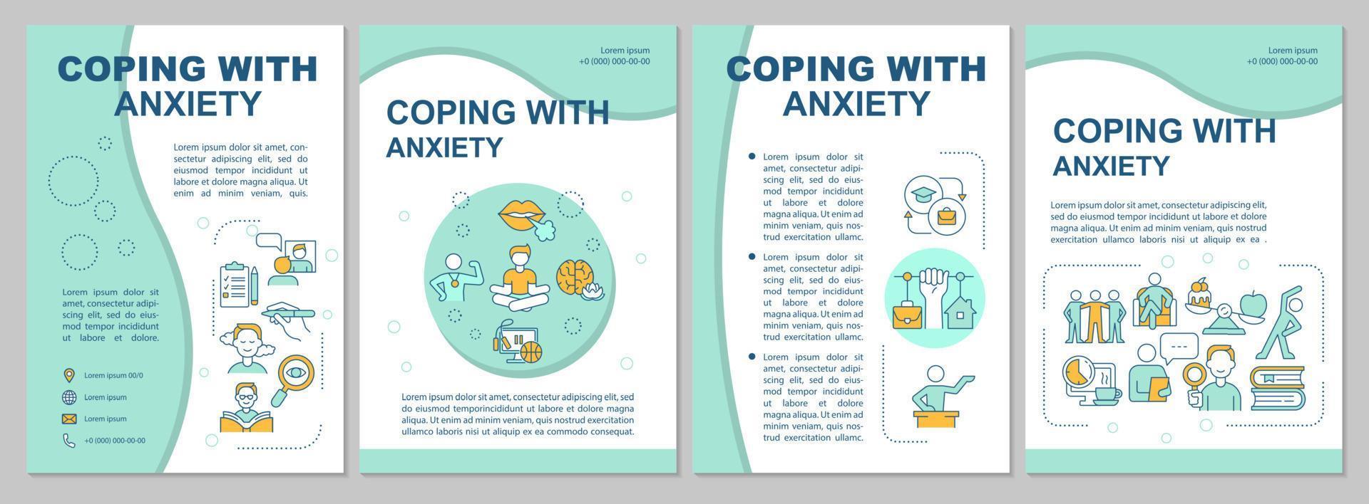 Coping with anxiety disorder mint brochure template. Healthy life. Booklet print design with linear icons. Vector layouts for presentation, annual reports, ads. Arial, Myriad Pro-Regular fonts used