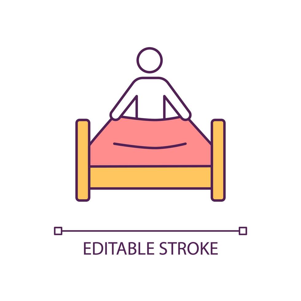Making bed RGB color icon. Everyday morning routine. Household and chores. Order in bedroom. Isolated vector illustration. Simple filled line drawing. Editable stroke. Arial font used