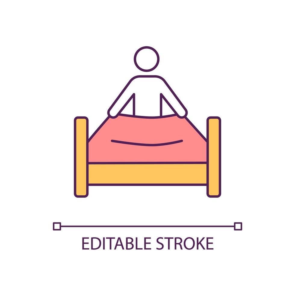 Making bed RGB color icon. Everyday morning routine. Household and chores. Order in bedroom. Isolated vector illustration. Simple filled line drawing. Editable stroke. Arial font used