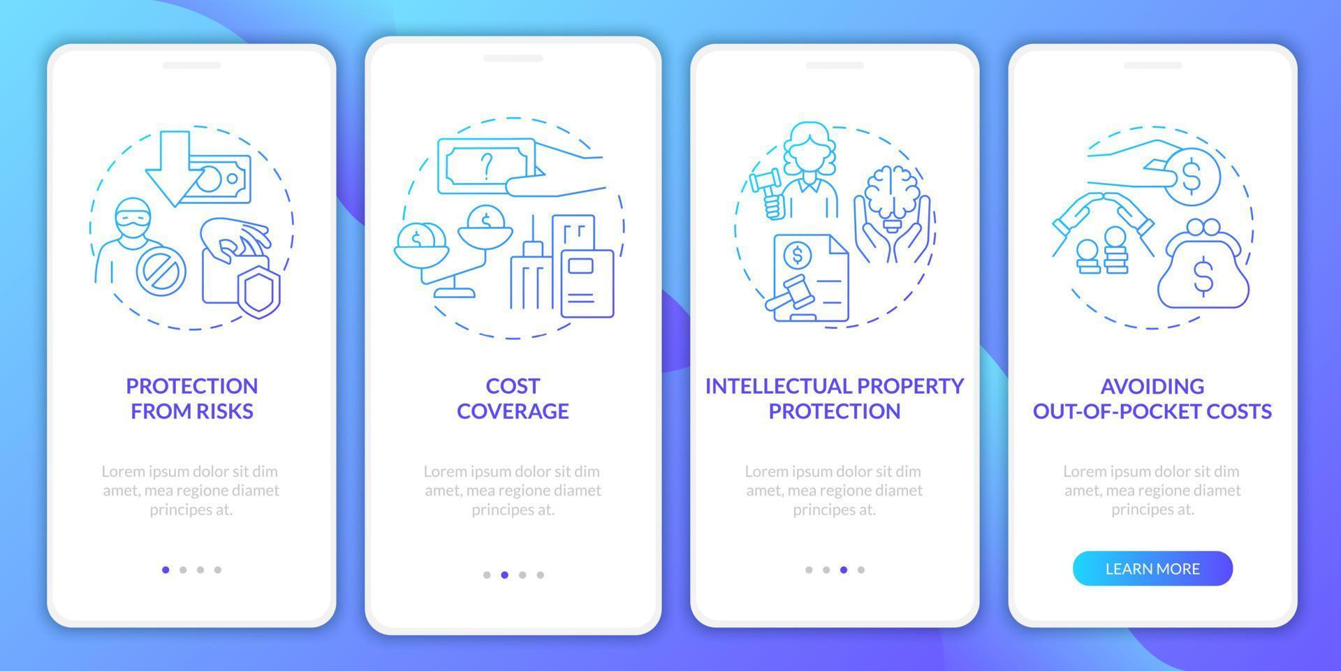 Insurance importance blue gradient onboarding mobile app screen. Coverage walkthrough 4 steps graphic instructions pages with linear concepts. UI, UX, GUI template. Myriad Pro-Bold, Regular fonts used vector