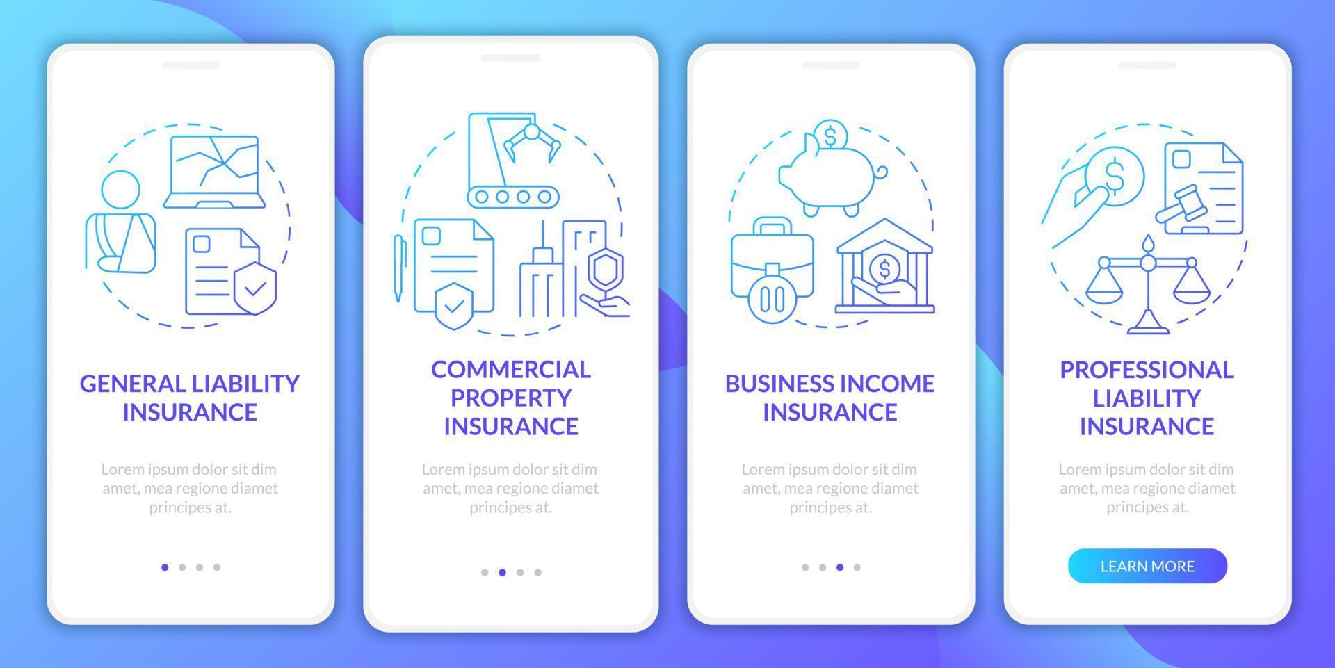 Insurance types blue gradient onboarding mobile app screen. Policy walkthrough 4 steps graphic instructions pages with linear concepts. UI, UX, GUI template. Myriad Pro-Bold, Regular fonts used vector