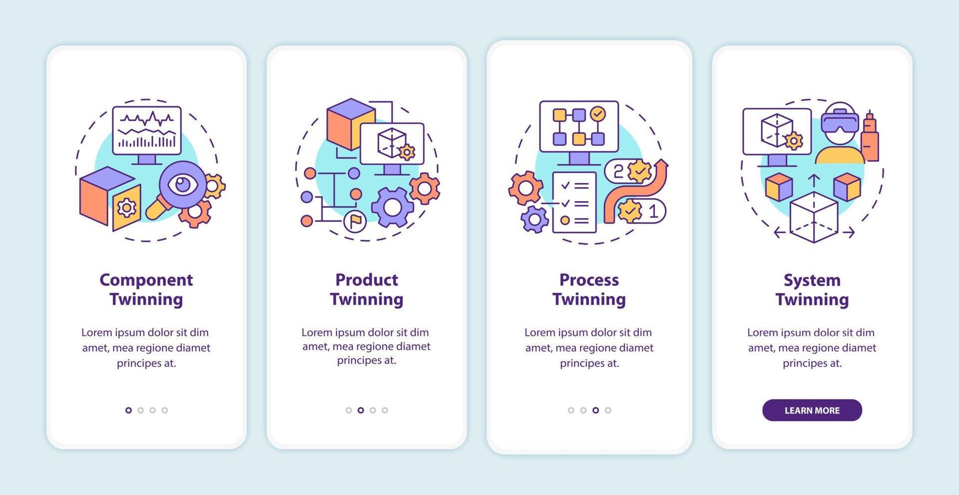 Twinning levels onboarding mobile app screen. Component and product walkthrough 4 steps graphic instructions pages with linear concepts. UI, UX, GUI template. Myriad Pro-Bold, Regular fonts used vector