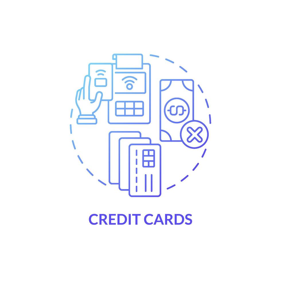 icono de concepto de gradiente azul de tarjetas de crédito. billeteras electrónicas y pago en línea. sistema sin contacto idea abstracta ilustración de línea delgada. dibujo de contorno aislado. roboto-medium, innumerables fuentes pro-bold utilizadas vector