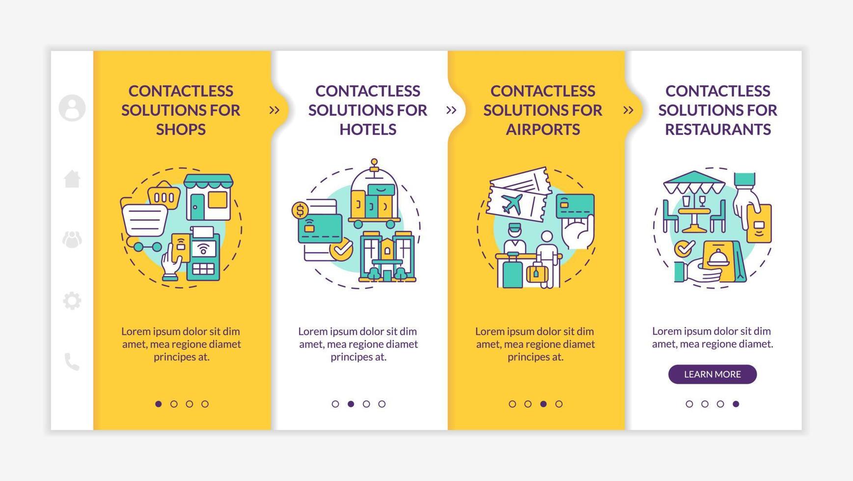 Contactless solutions for public places yellow onboarding template. Responsive mobile website with linear concept icons. Web page walkthrough 4 step screens. Lato-Bold, Regular fonts used vector