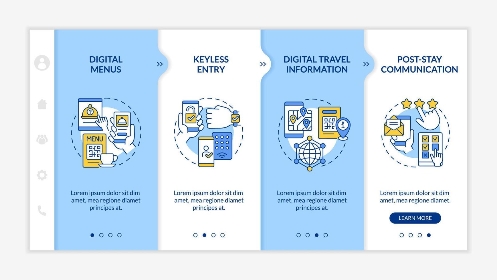 Contactless technology for hotels blue and white onboarding template. Responsive mobile website with linear concept icons. Web page walkthrough 4 step screens. Lato-Bold, Regular fonts used vector