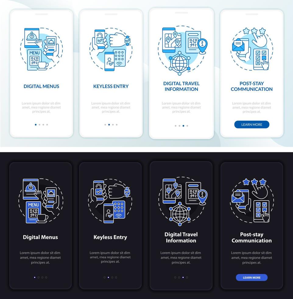 Contactless system night and day mode onboarding mobile app screen. Walkthrough 4 steps graphic instructions pages with linear concepts. UI, UX, GUI template. Myriad Pro-Bold, Regular fonts used vector