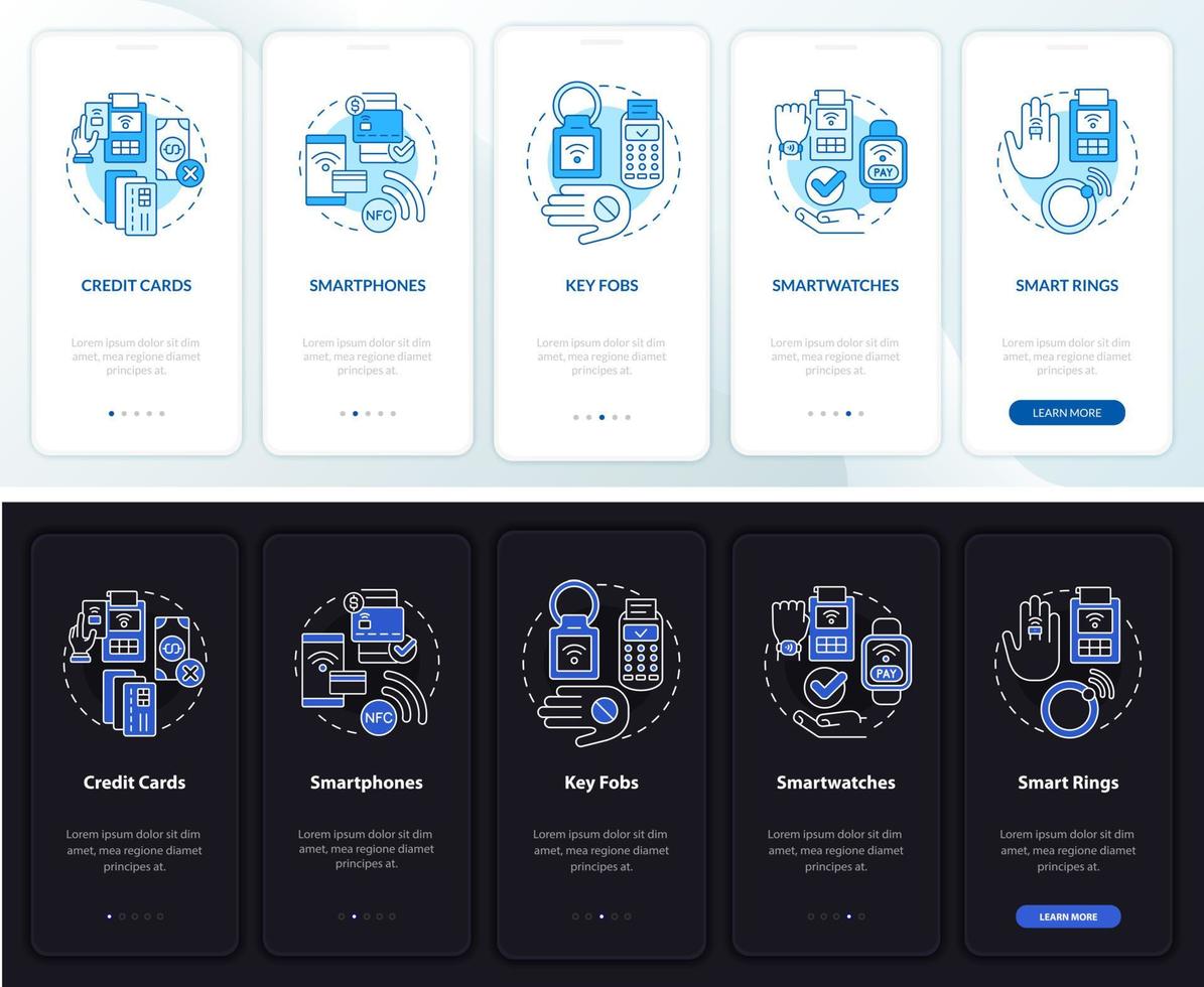 Payment methods night and day mode onboarding mobile app screen. Cashless walkthrough 5 steps graphic instructions pages with linear concepts. UI, UX, GUI template. Myriad Pro-Bold, Regular fonts used vector
