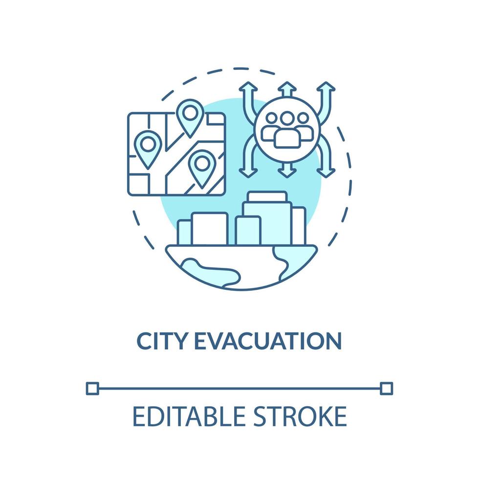 City evacuation turquoise concept icon. Emergency situation solutions abstract idea thin line illustration. Isolated outline drawing. Editable stroke. Roboto-Medium, Myriad Pro-Bold fonts used vector