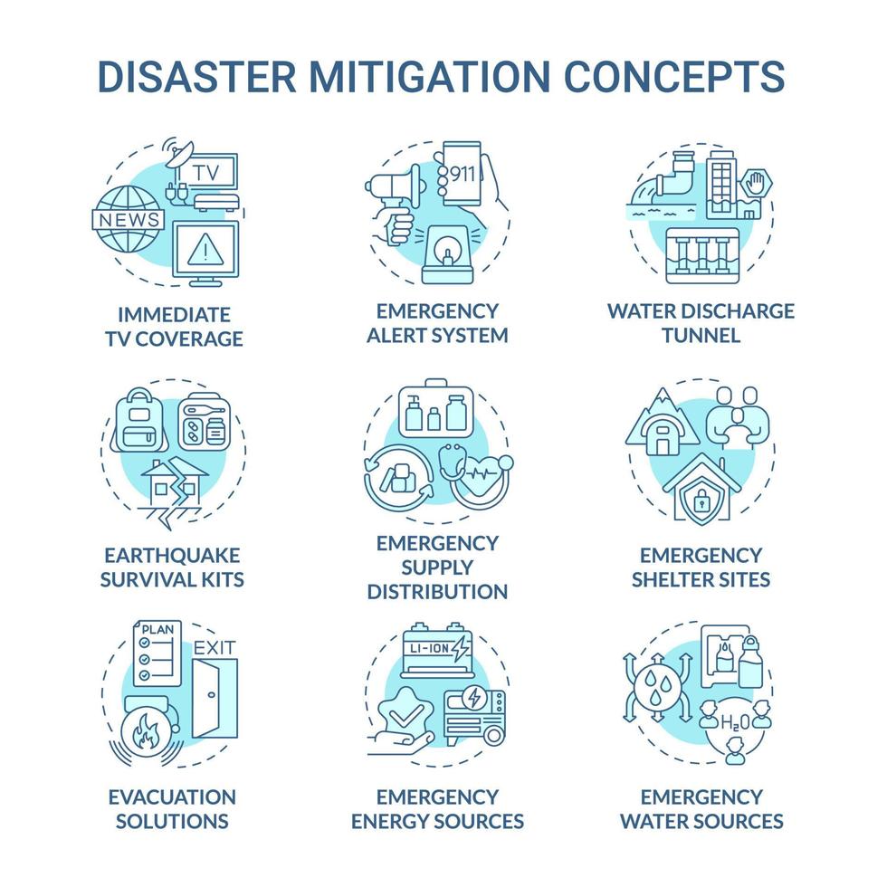 conjunto de iconos de concepto turquesa de mitigación de desastres. servicios de soluciones de emergencia idea ilustraciones en color de línea delgada. dibujos de contorno aislados. trazo editable. roboto-medium, innumerables fuentes pro-bold utilizadas vector