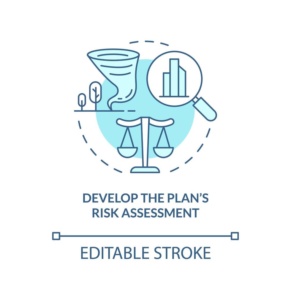 Develop plan risk assessment turquoise concept icon. Strategy to analyze abstract idea thin line illustration. Isolated outline drawing. Editable stroke. Roboto-Medium, Myriad Pro-Bold fonts used vector