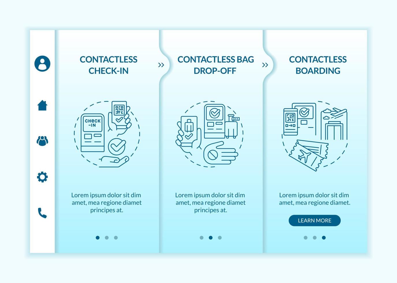 Contactless technology for travelling turquoise gradient onboarding template. Responsive mobile website with linear concept icons. Web page walkthrough 3 step screens. Lato-Bold, Regular fonts used vector