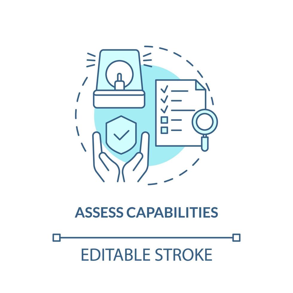Assess capabilities turquoise concept icon. Evaluating strategy solutions abstract idea thin line illustration. Isolated outline drawing. Editable stroke. Roboto-Medium, Myriad Pro-Bold fonts used vector