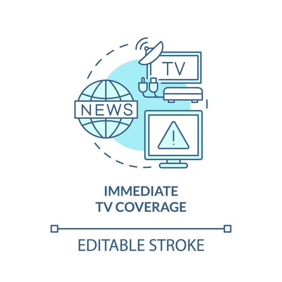 icono de concepto turquesa de cobertura de televisión inmediata. alerta pública idea abstracta ilustración de línea delgada. dibujo de contorno aislado. trazo editable. roboto-medium, innumerables fuentes pro-bold utilizadas vector