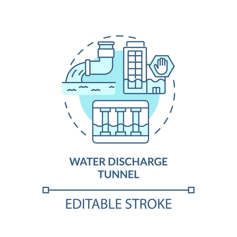 Water discharge tunnel turquoise concept icon. Emergency aid abstract idea thin line illustration. Isolated outline drawing. Editable stroke. Roboto-Medium, Myriad Pro-Bold fonts used vector