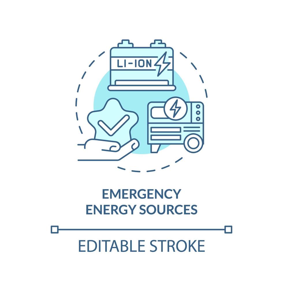 Emergency energy sources turquoise concept icon. Power cells abstract idea thin line illustration. Isolated outline drawing. Editable stroke. Roboto-Medium, Myriad Pro-Bold fonts used vector