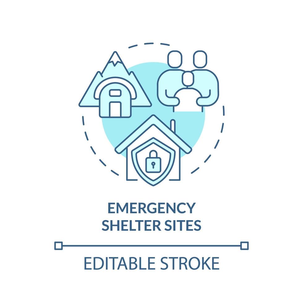 Emergency shelter sites turquoise concept icon. Camp for refugees Survive abstract idea thin line illustration. Isolated outline drawing. Editable stroke. Roboto-Medium, Myriad Pro-Bold fonts used vector