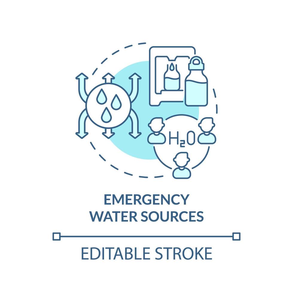 Emergency water sources turquoise concept icon. Bottles of drinks abstract idea thin line illustration. Isolated outline drawing. Editable stroke. Roboto-Medium, Myriad Pro-Bold fonts used vector