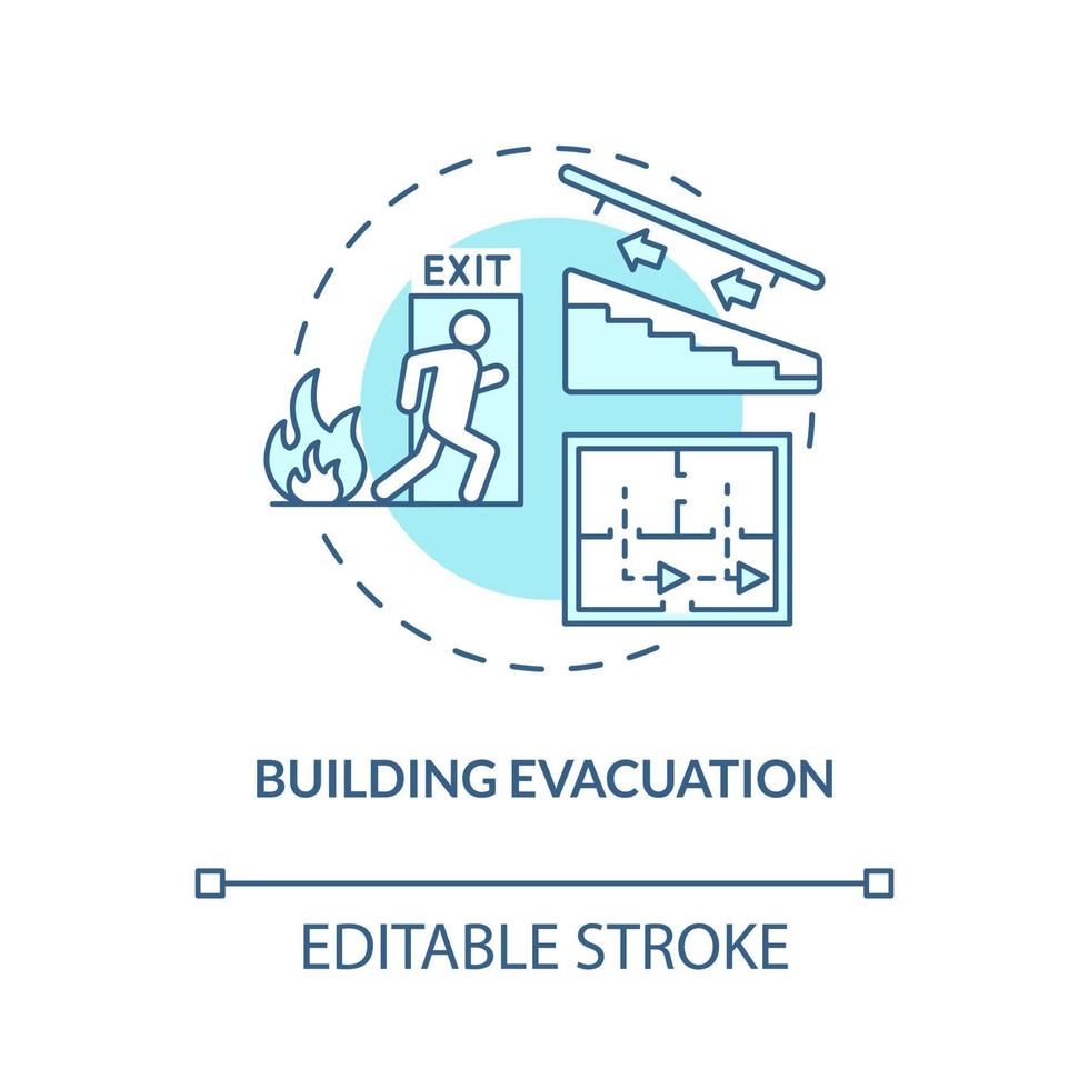 icono del concepto turquesa de evacuación del edificio. plan de salida de emergencia para rescate idea abstracta ilustración de línea delgada. dibujo de contorno aislado. trazo editable. roboto-medium, innumerables fuentes pro-bold utilizadas vector