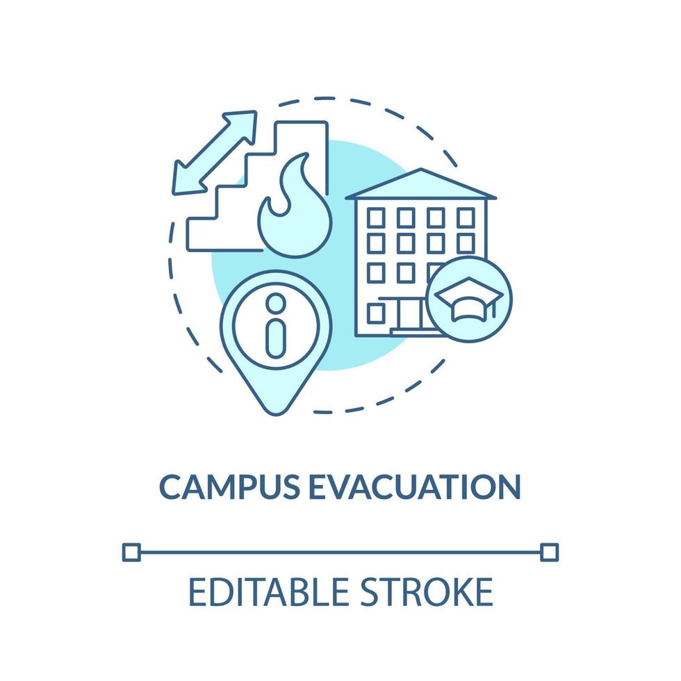 Campus evacuation turquoise concept icon. University attendants aid abstract idea thin line illustration. Isolated outline drawing. Editable stroke. Roboto-Medium, Myriad Pro-Bold fonts used vector