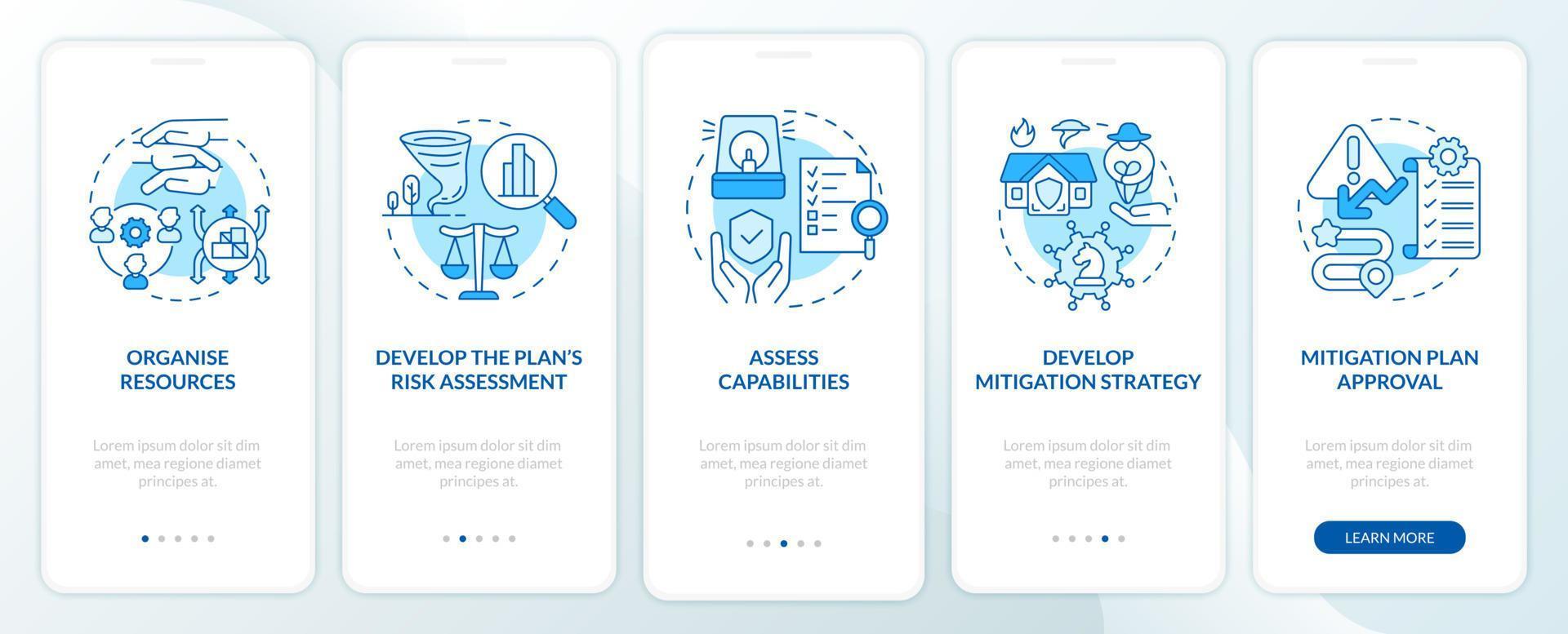 Hazard mitigation steps blue onboarding mobile app screen. Reduce threat walkthrough 5 steps graphic instructions pages with linear concepts. UI, UX, GUI template. Myriad Pro-Bold, Regular fonts used vector