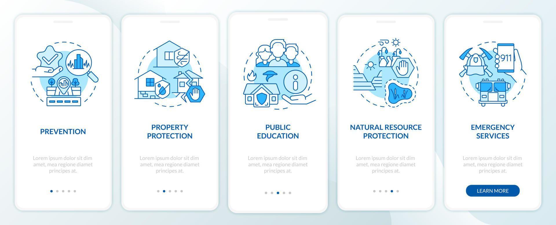 Hazard mitigation technique blue onboarding mobile app screen. Public aid walkthrough 5 steps graphic instructions pages with linear concepts. UI, UX, GUI template. Myriad Pro-Bold, Regular fonts used vector