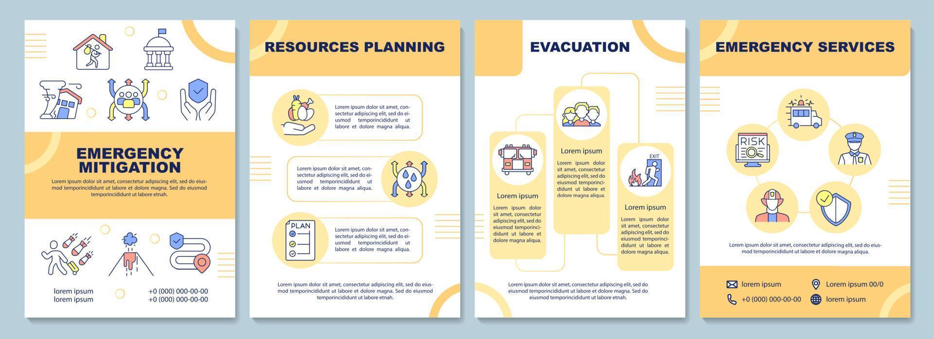 plantilla de folleto de mitigación de emergencia. planificación de recursos. diseño de impresión de folletos con iconos lineales. diseños vectoriales para presentación, informes anuales, anuncios. arial-black, innumerables fuentes pro-regulares utilizadas vector