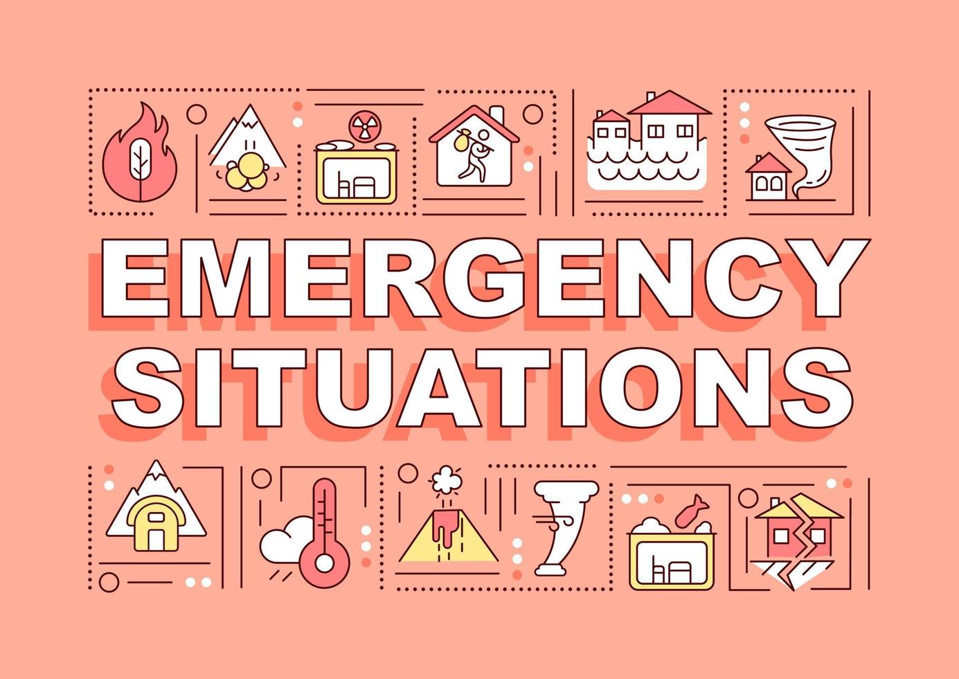 situaciones de emergencia conceptos de palabras banner naranja. daños por peligro. infografías con iconos lineales en el fondo. tipografía aislada. ilustración de color de contorno vectorial con texto. fuente arial-black utilizada vector