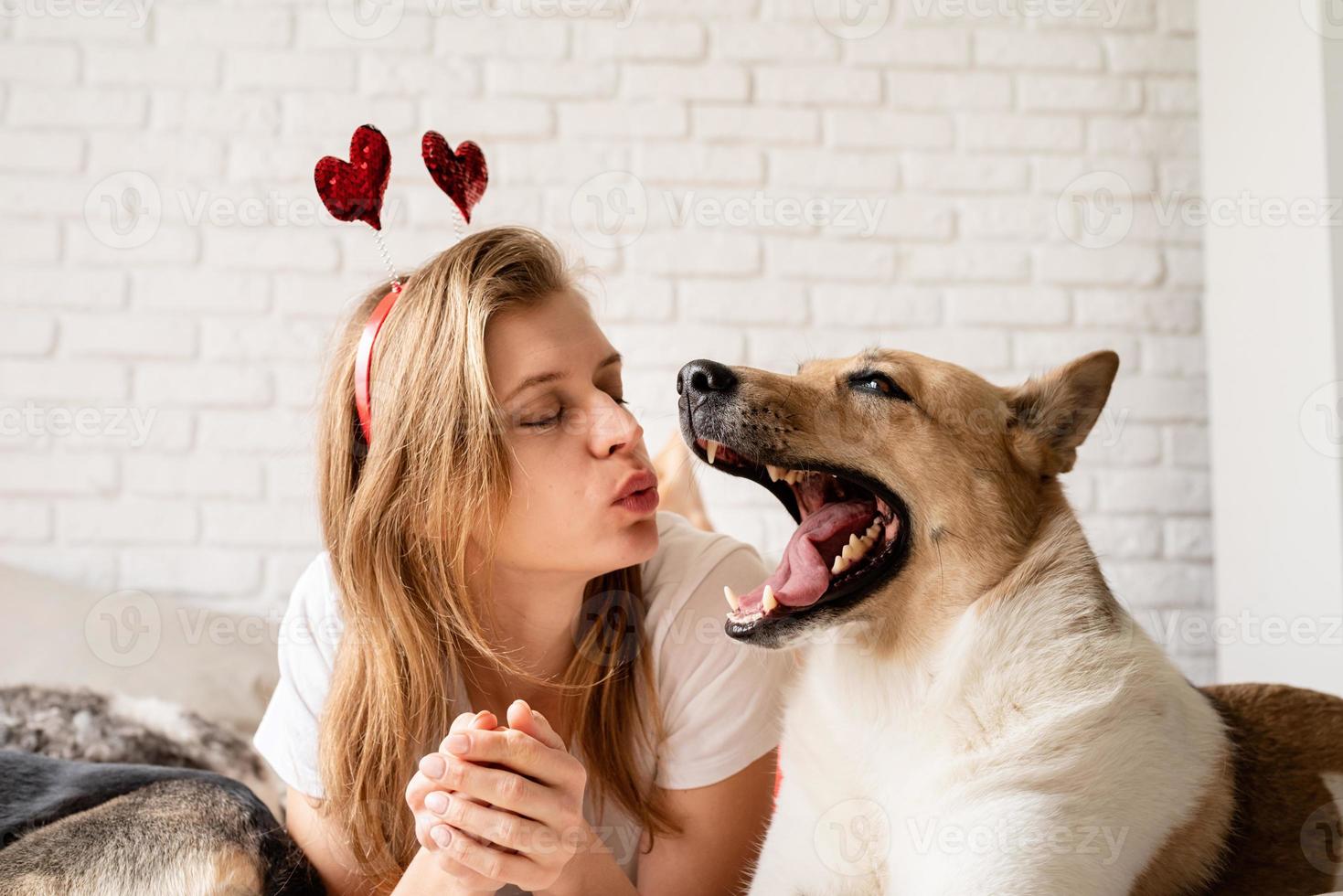 Young woman with her cute shepherd at home having fun and kissing photo