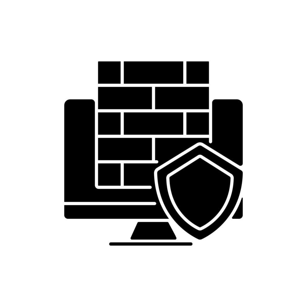 Firewall black glyph icon. Protective software and hardware. Cybersecurity device. Data protection. Antivirus and filter. Silhouette symbol on white space. Vector isolated illustration