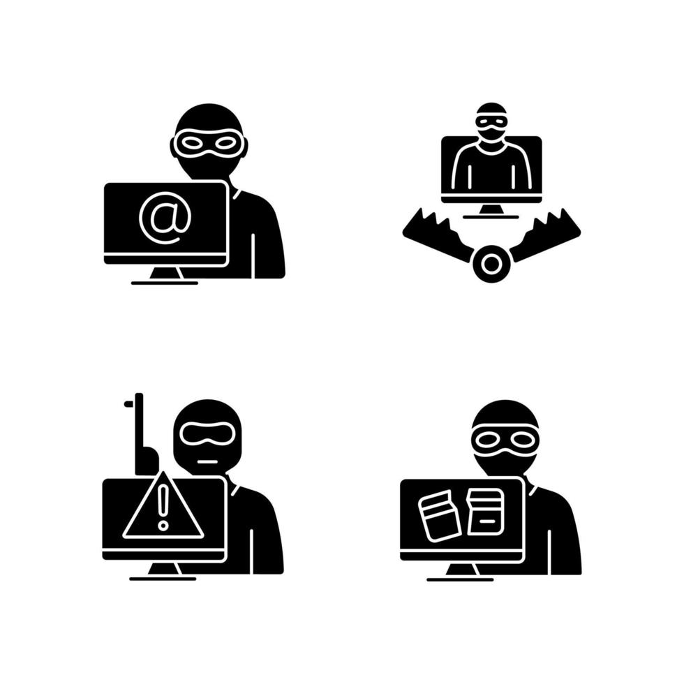 Cyber attacker black glyph icons set on white space. Cyberterrorism. Cybercriminal trap. Computer disruption. Fraud and coercion on internet. Silhouette symbols. Vector isolated illustration