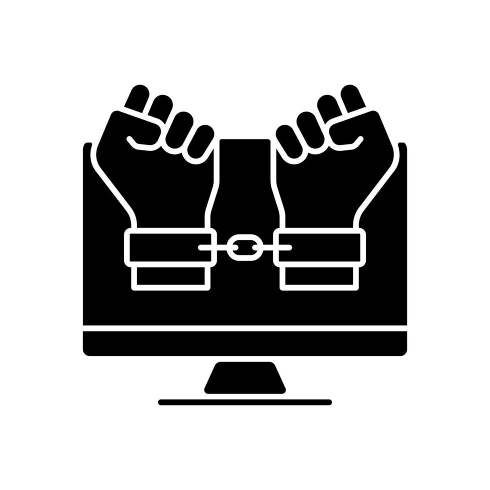 Hacker catching black glyph icon. Detect, pursue and catch cybercriminal. Arrested for internet fraud and scam. Computer crash crime. Silhouette symbol on white space. Vector isolated illustration