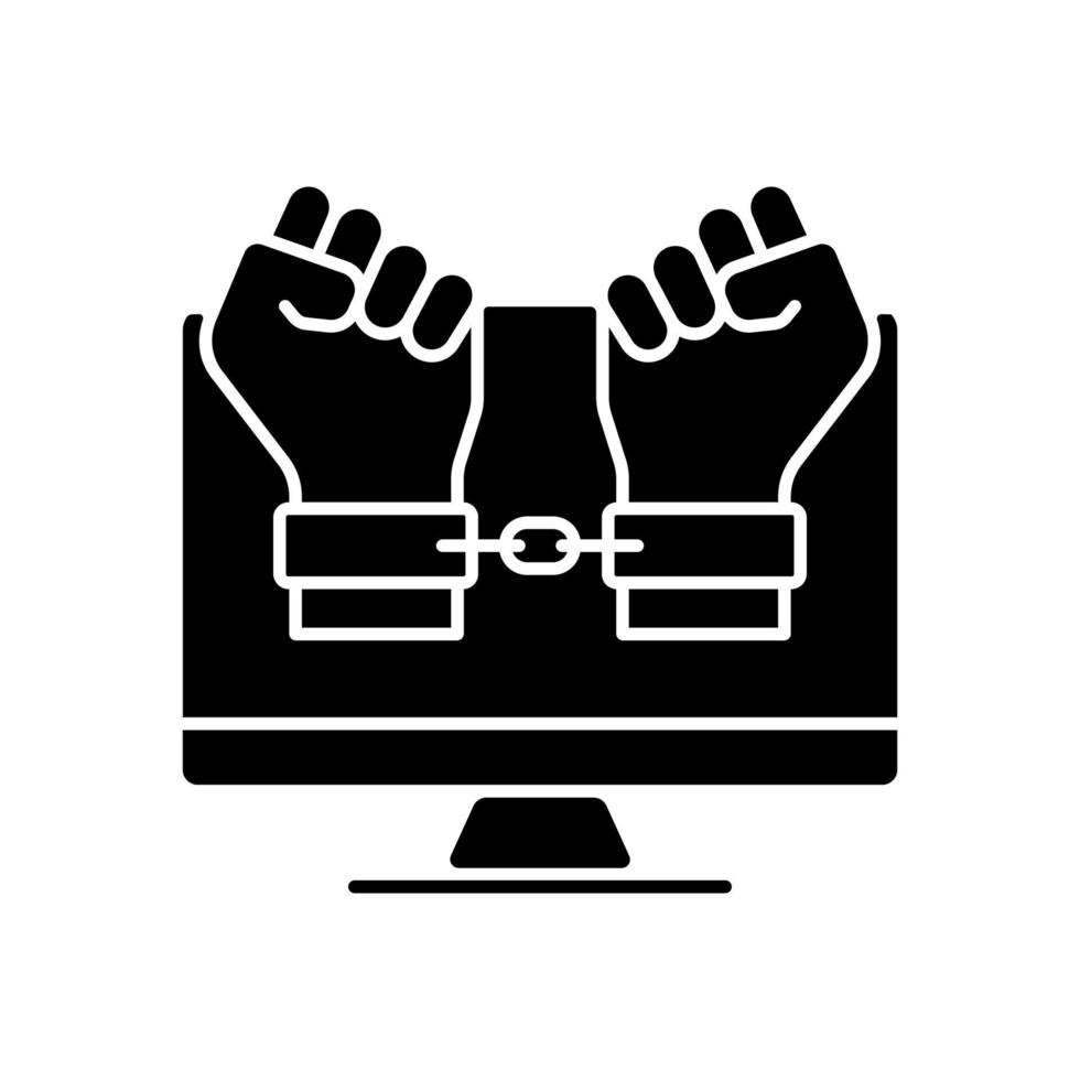 Hacker catching black glyph icon. Detect, pursue and catch cybercriminal. Arrested for internet fraud and scam. Computer crash crime. Silhouette symbol on white space. Vector isolated illustration