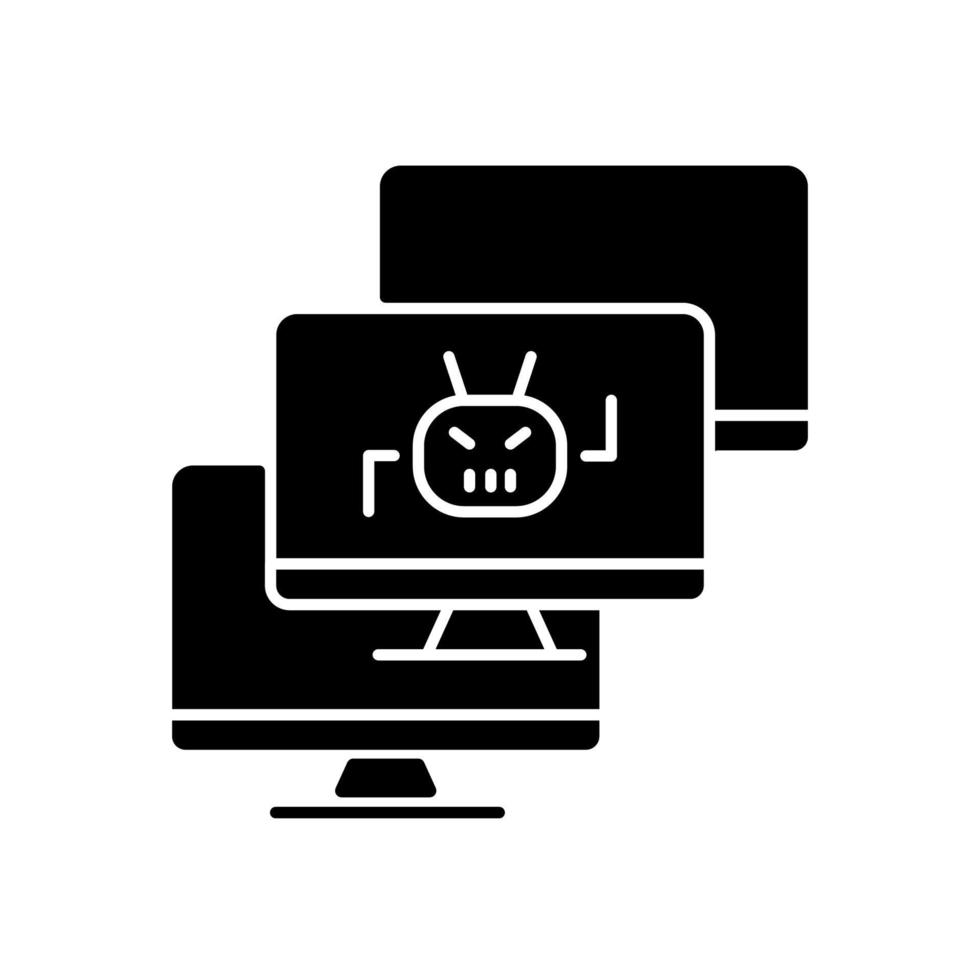 Botnet black glyph icon. Internet connected devices. Huge hacker attack. DDoS cyberattack. Infected computers. Device crash. Silhouette symbol on white space. Vector isolated illustration