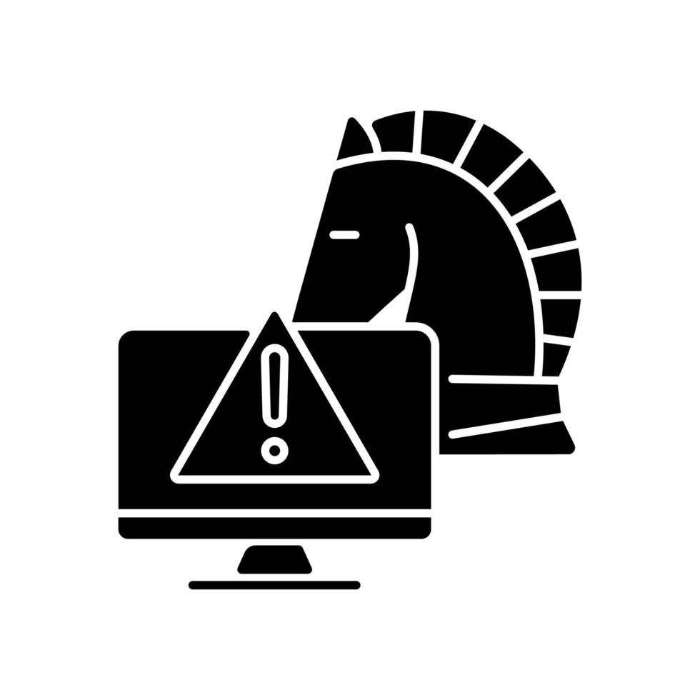 Backdoor trojan black glyph icon. Malicious remote access to computer. Computer disruption. Device virus and infection. Silhouette symbol on white space. Vector isolated illustration