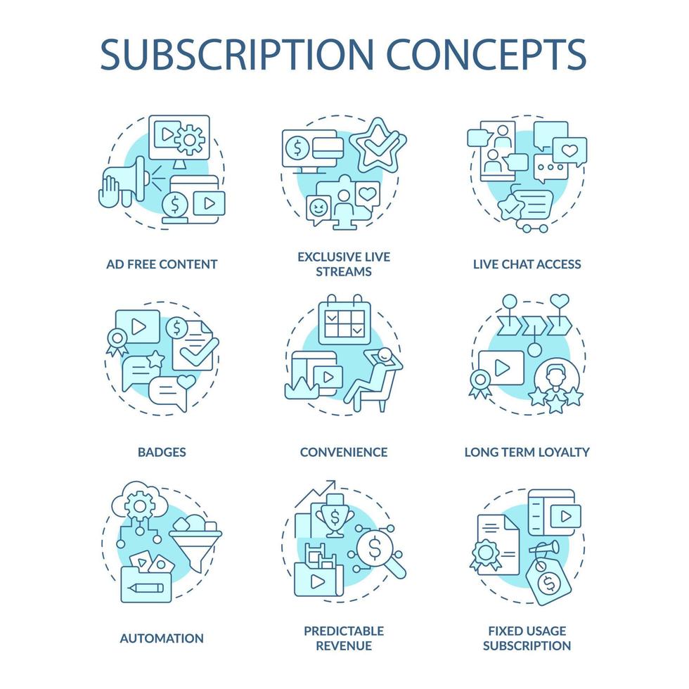 Subscription blue concept icons set. Premium account. Business model idea thin line color illustrations. Isolated outline drawings. Editable stroke. Roboto-Medium, Myriad Pro-Bold fonts used vector