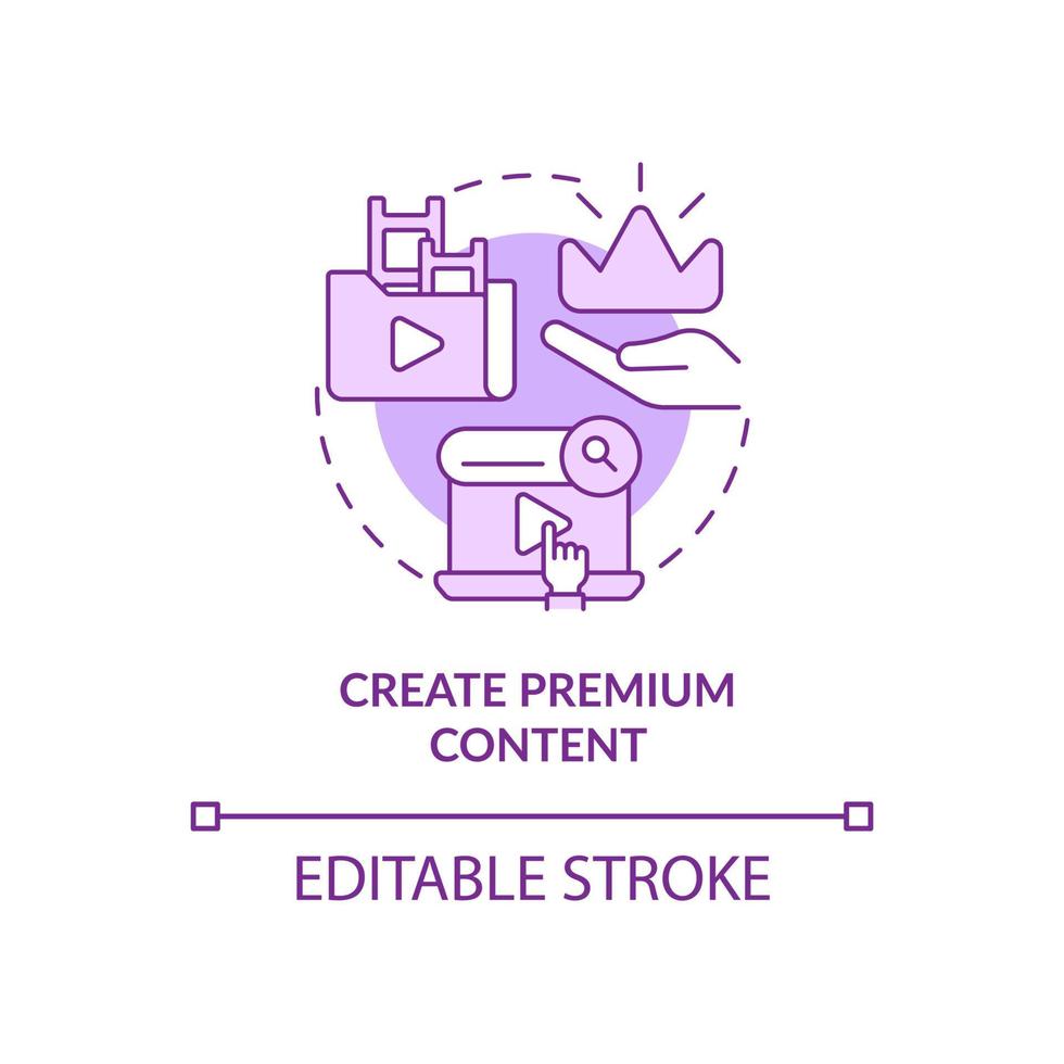 Create premium content purple concept icon. Subscription. Video on demand abstract idea thin line illustration. Isolated outline drawing. Editable stroke. Roboto-Medium, Myriad Pro-Bold fonts used vector