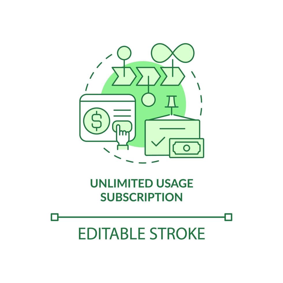 Unlimited usage subscription green concept icon. Types of subscription abstract idea thin line illustration. Isolated outline drawing. Editable stroke. Roboto-Medium, Myriad Pro-Bold fonts used vector
