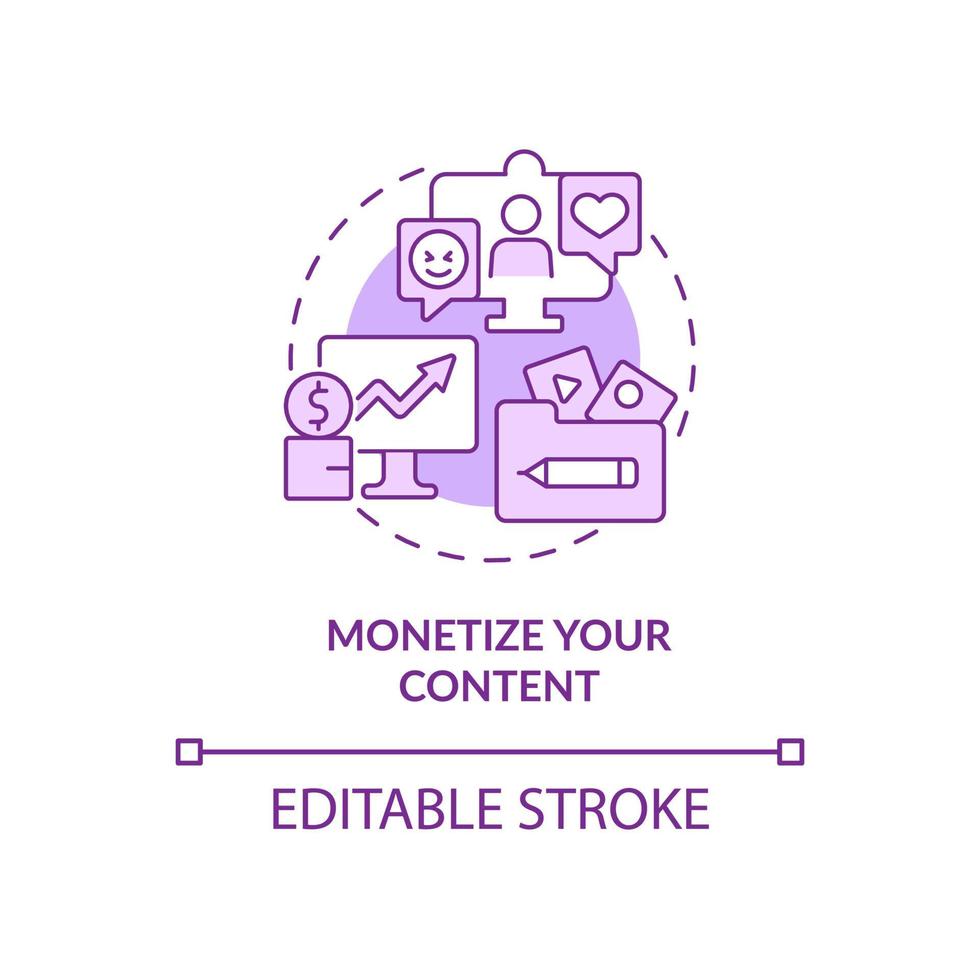 Monetize your content purple concept icon. Earn money from subscription abstract idea thin line illustration. Isolated outline drawing. Editable stroke. Roboto-Medium, Myriad Pro-Bold fonts used vector