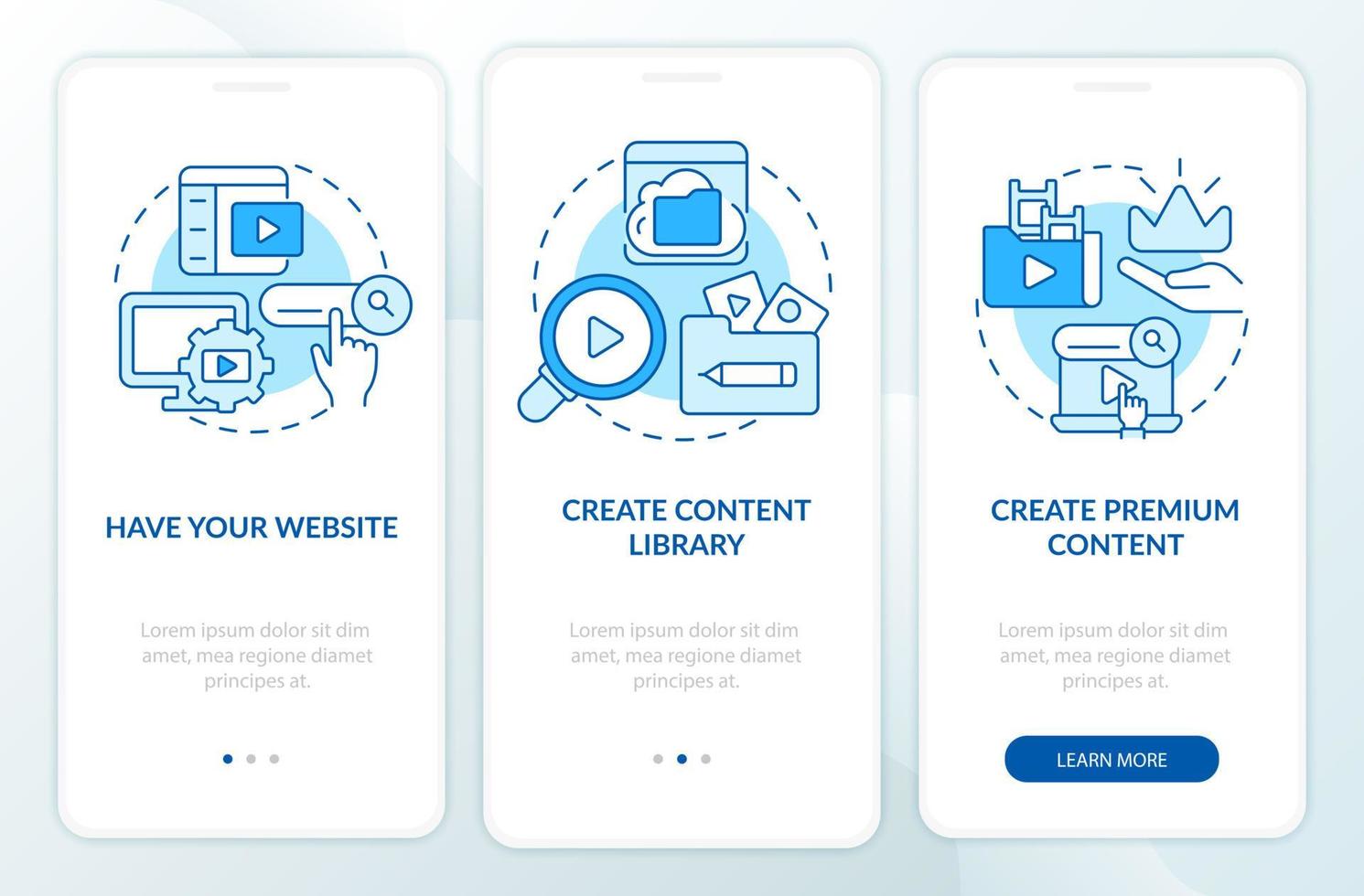 Video on demand blue onboarding mobile app screen. Content distribution walkthrough 3 steps graphic instructions pages with linear concepts. UI, UX, GUI template. Myriad Pro-Bold, Regular fonts used vector