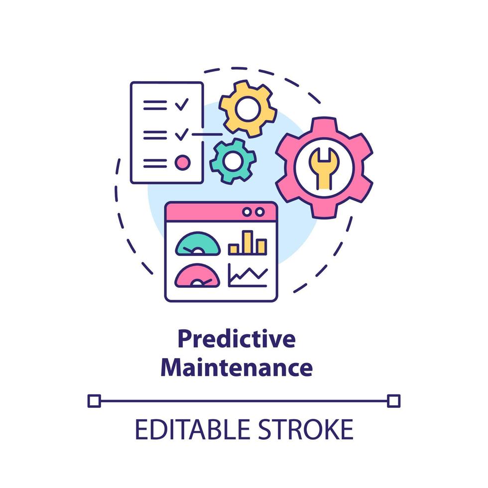 Predictive maintenance concept icon. Evaluating virtual asset condition abstract idea thin line illustration. Isolated outline drawing. Editable stroke. Roboto-Medium, Myriad Pro-Bold fonts used vector