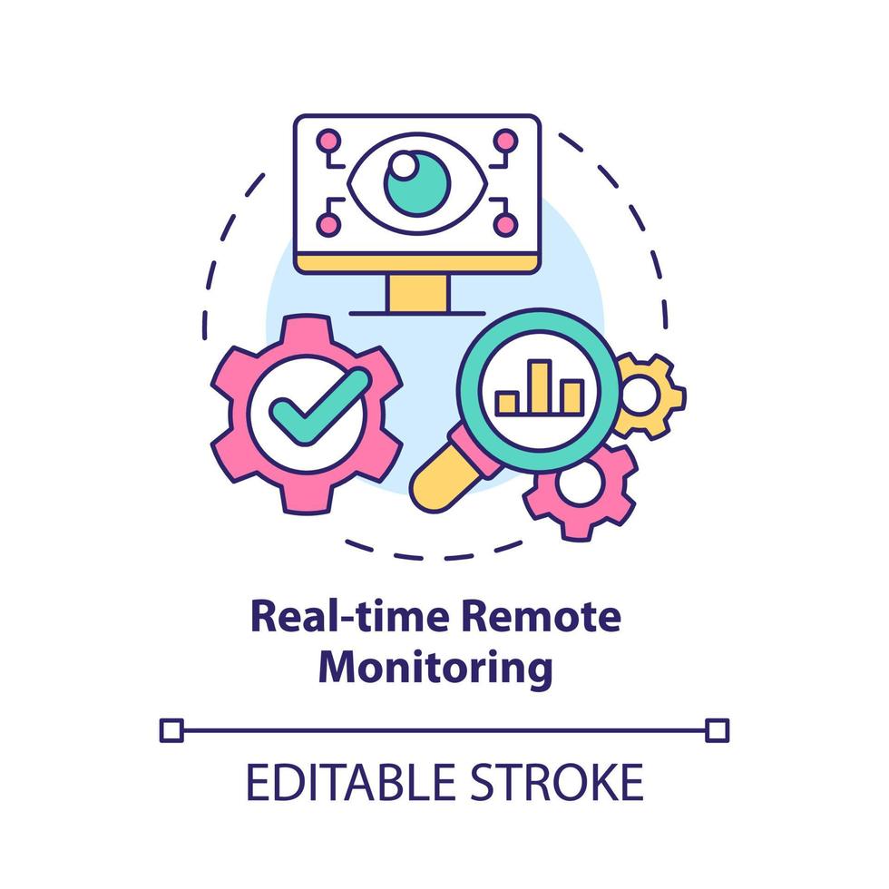 Real time remote monitoring concept icon. Controlling systems remotely abstract idea thin line illustration. Isolated outline drawing. Editable stroke. Roboto-Medium, Myriad Pro-Bold fonts used vector