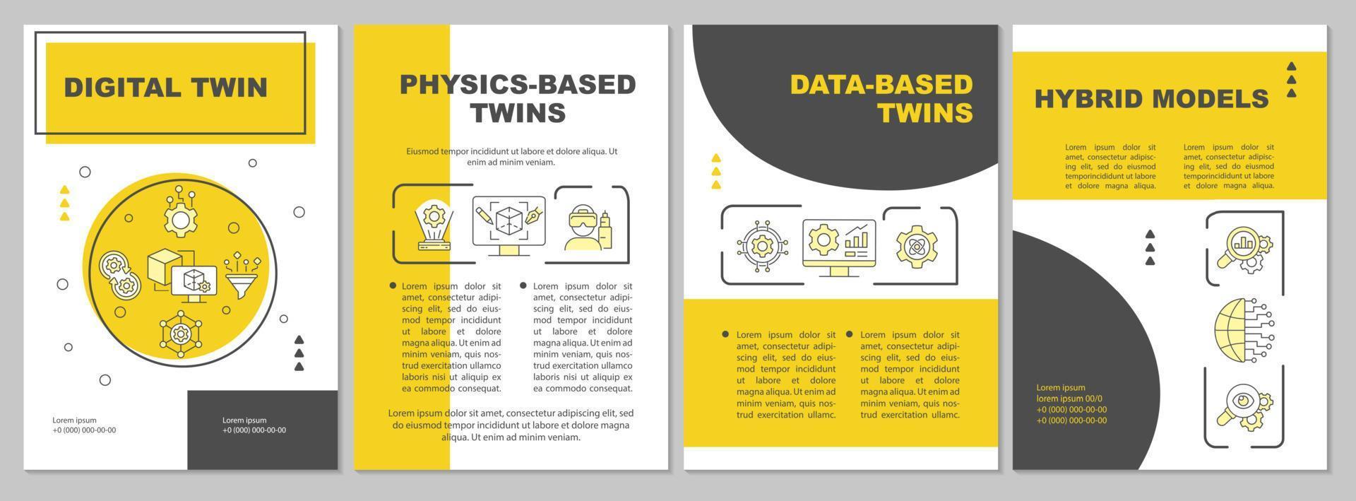 Digital twin technology yellow brochure template. Booklet print design with linear icons. Vector layouts for presentation, annual reports, ads. Arial-Black, Myriad Pro-Regular fonts used
